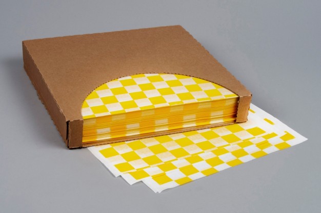 Yellow Checkered Dry Waxed Food Sheets, 12 x 12"