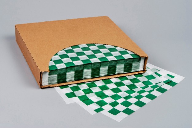 Green Checkered Dry Waxed Food Sheets, 12 x 12"