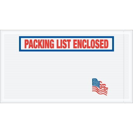 American Flag "Packing List Enclosed" Envelopes, Red/White/Blue, 5 1/2 x 10"