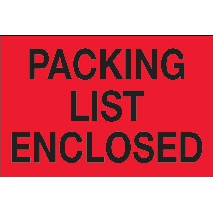 " Packing List Enclosed" Fluorescent Red Labels, 2 x 3"