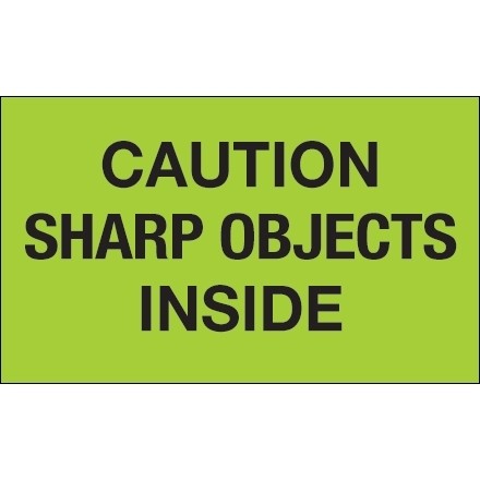 " Caution Sharp Objects Inside" Green Labels, 3 x 5"