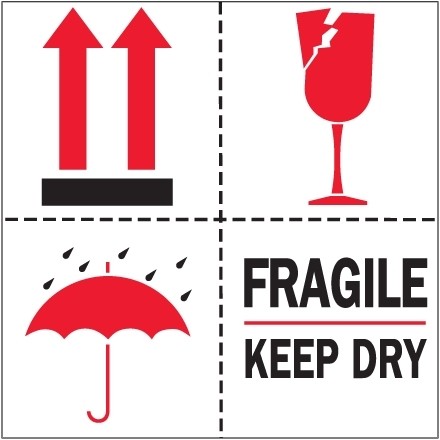 International Safe Handling Labels -" Fragile - Keep Dry", 4 x 4"