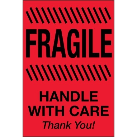 " Fragile - Handle With Care" Fluorescent Red Labels, 2 x 3"