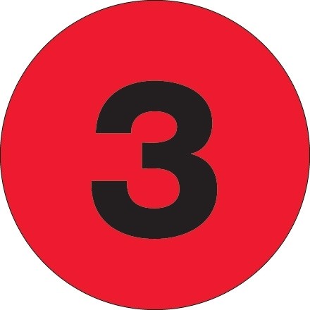 Fluorescent Red Circle "3" Number Labels - 3"