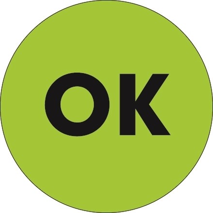 Fluorescent Green "OK" Circle Inventory Labels, 2"