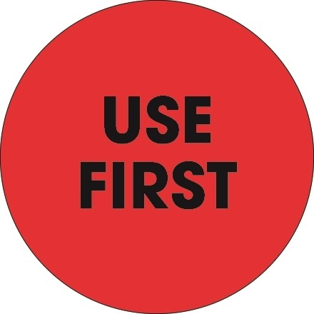 Fluorescent Red "Use First" Circle Inventory Labels, 2"