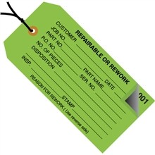 Pre-Strung 2-Part Numbered "Repairable or Rework" Inspection Tags (000-499), Green, 4 3/4 x 2 3/8"