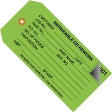 2-Part Numbered "Repairable or Rework" Inspection Tags (000-499), Green, 4 3/4 x 2 3/8"