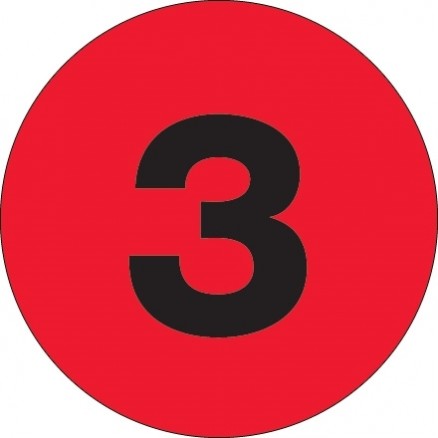 Fluorescent Red Circle "3" Number Labels - 4"
