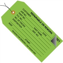 Pre-Wired 2-Part Numbered "Repairable or Rework" Inspection Tags (000-499), Green, 4 3/4 x 2 3/8"