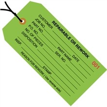 Pre-Strung "Repairable or Rework" Inspection Tags, Green, 4 3/4 x 2 3/8"