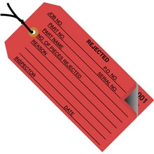 Etiquetas de inspección "rechazadas" numeradas de 2 partes pre-ensartadas (000-499), rojas, 4 3/4 x 2 3/8 "