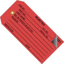 Etiquetas de inspección "rechazadas" numeradas de 2 partes (000-499), rojas, 4 3/4 x 2 3/8 "