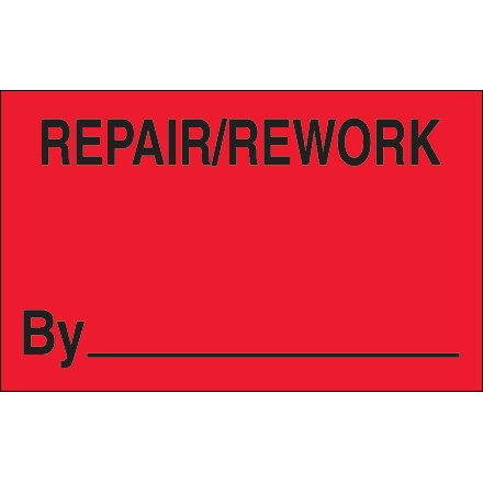 Etiquetas de producción "Repair / Rework By" de color rojo fluorescente, 1 1/4 x 2 "