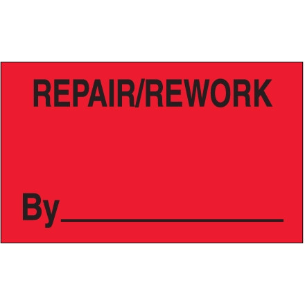 Etiquetas de producción "Repair / Rework By" de color rojo fluorescente, 3 x 5 "