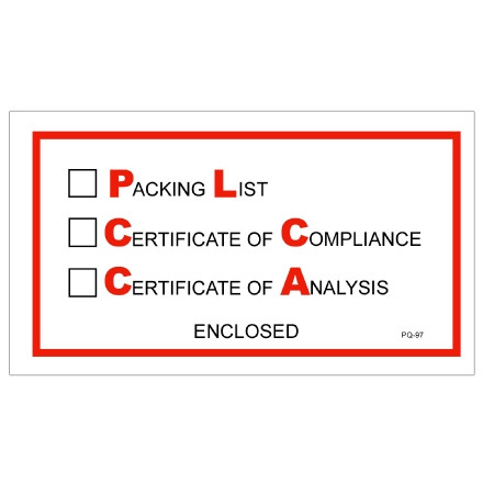 Sobres "Lista de empaque / Certificado de cumplimiento / Certificado de análisis", Rojo / Negro, 5 1/2 x 10 "