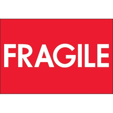 Etiquetas rojas fluorescentes de alto brillo "frágiles", 2 x 3 "