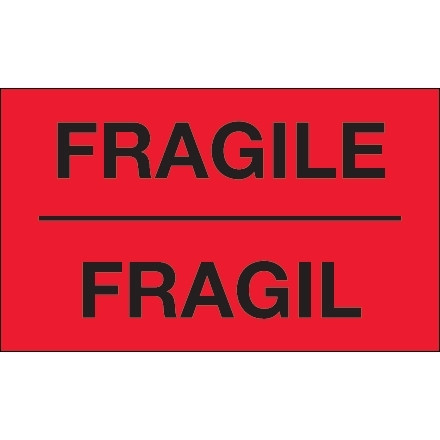 Etiquetas bilingües rojas fluorescentes "frágiles", 3 x 5 "
