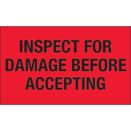 "Inspeccione si hay daños antes de aceptar" Etiquetas rojas fluorescentes, 3 x 5 "