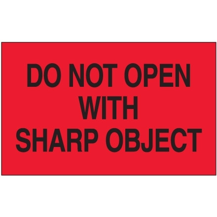 Etiquetas rojas fluorescentes "No abrir con objetos afilados", 3 x 5 "
