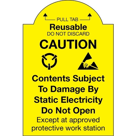 Etiquetas de advertencia de electricidad estática: "Lengüeta de extracción reutilizable: no desechar", 2 x 3 "