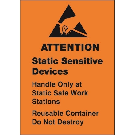 Etiquetas naranjas de advertencia de electricidad estática - "Dispositivos sensibles a la electricidad estática", 1 3/4 x 2 1/2 "