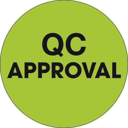 Etiquetas circulares de inventario de color verde fluorescente con "aprobación de control de calidad", 2 "