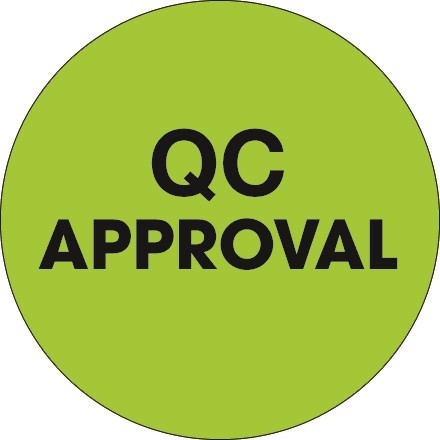 Etiquetas circulares de inventario de color verde fluorescente con "aprobación de control de calidad", 1 "
