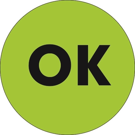 Etiquetas de inventario circulares verdes fluorescentes "OK", 1 "