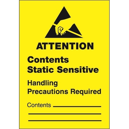 Etiquetas de advertencia de electricidad estática: "Contenido sensible a la electricidad estática", 1 3/4 x 1/2 " para $12.00 línea | La Empresa de Embalaje